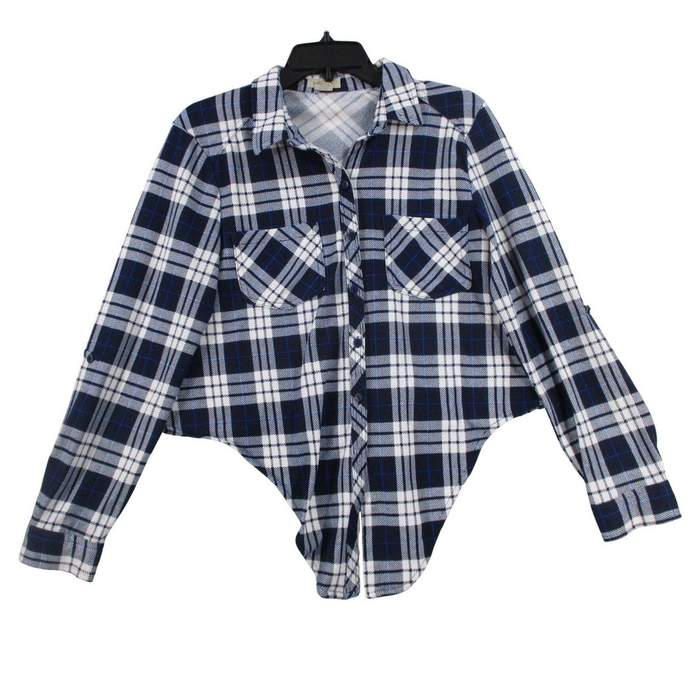 Passport Womens Navy Blue White Plaid Tie Front Button Down Shirt Size L